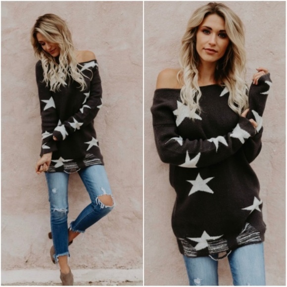 Dark Charcoal White Star Distressed Sweater Tunic - Picture 4 of 8